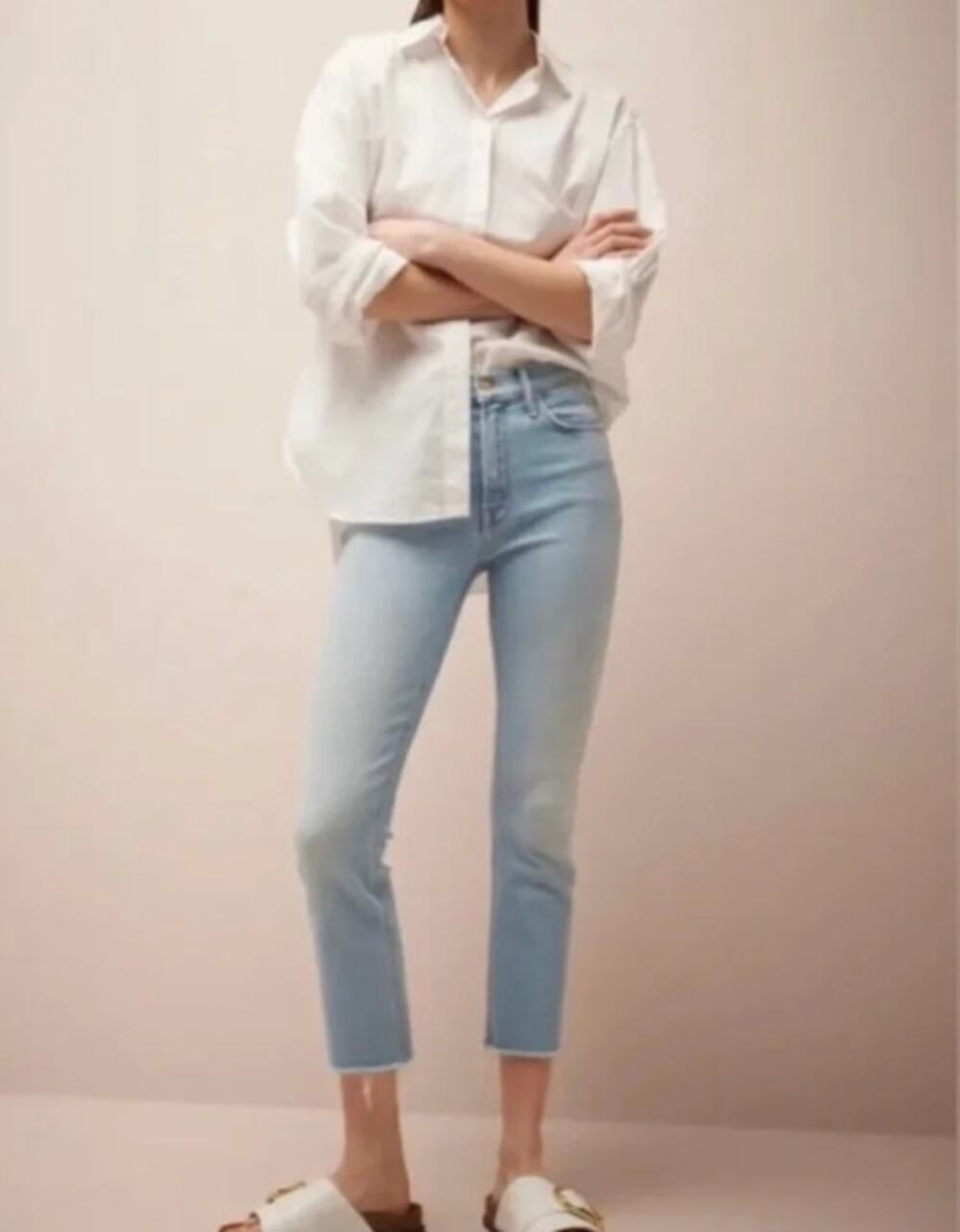 Mother The Mid Rise Dazzler Crop Fray Hem Jeans Sun Kissed Light Wash Blue 25